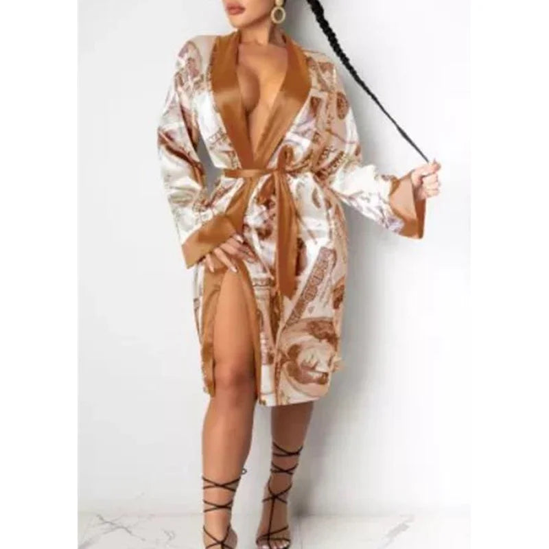 Xingqing Women Satin Robe Fashion Dollar Print Long Sleeve Silky Kimono Bathrobe Sleepwear Woman Nightwear Ladies Robes Dresses - Seprincess