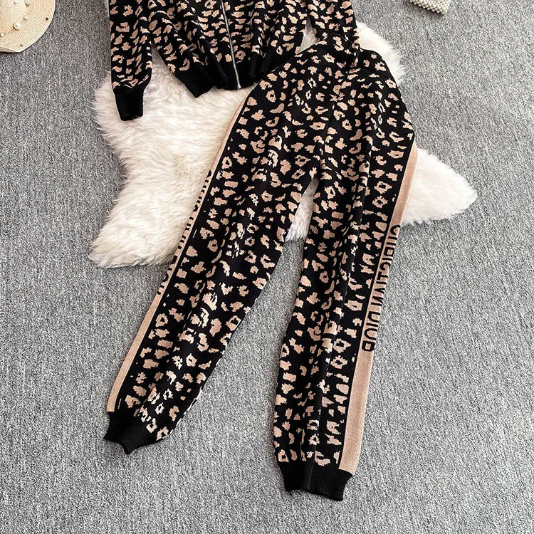 Chic Fashion Korean 2PC Suits Ladies O-Neck leopard-print Knitting Cardigan+High Waist Wide Legs Pants Basic Casual Sets - Seprincess