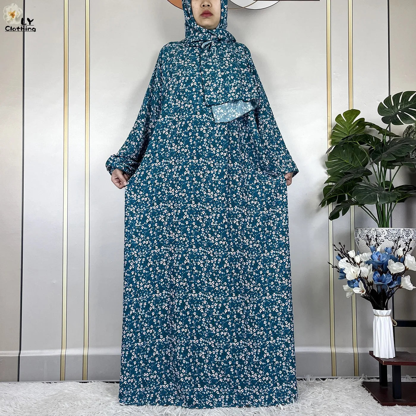 2024Latest Muslim Abayas For Women Ramadan Prayer Maxi Dubai Turkey Femme Cotton Robe Floral Loose African Dress Turban Attached