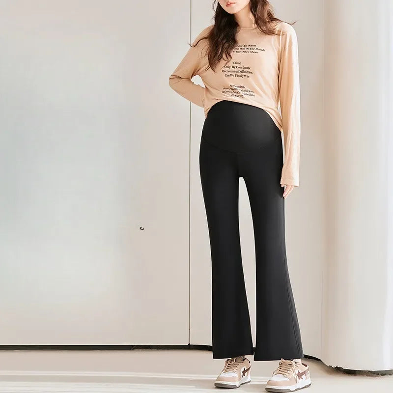 Maternity pants nine-point pants wear loose version of micro flare pants women's slimming Pu pregnant commuter pants