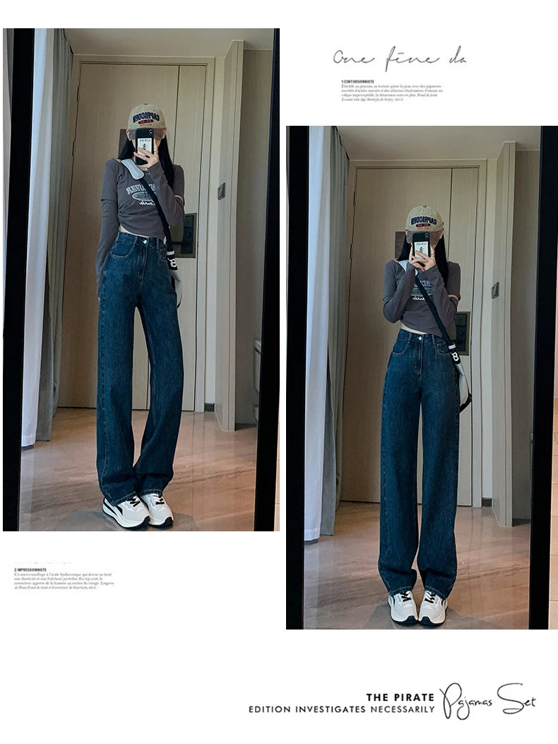 Jielur Dark Blue Straight Basic Female Jeans High Waist Slim Loose Solid Color Simple Women's Wide Leg Pants Chic Office Ladies