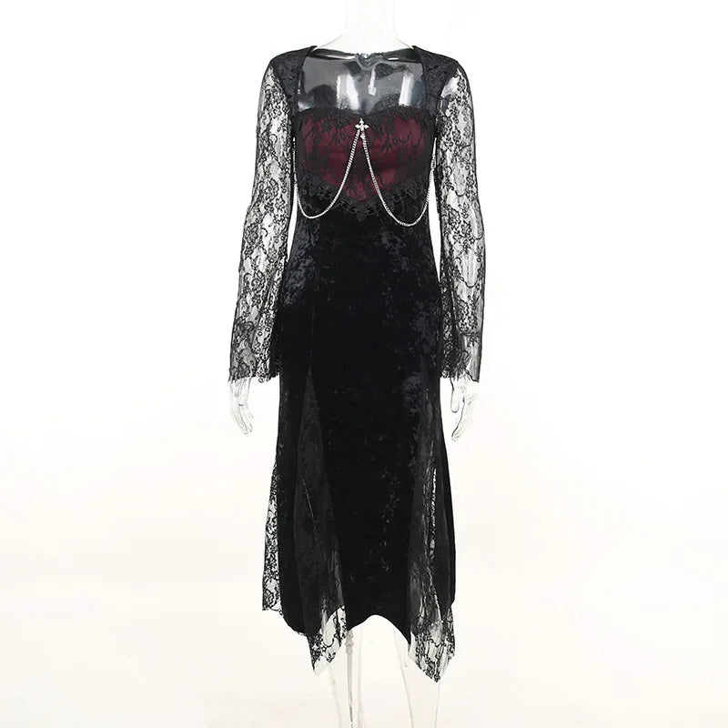 Goth Dark Elegant Mall Gothic Women Evening Dresses Grunge Aesthetic E-girl Velvet Midi Dress Lace Splice Sexy Split Alt Outfits - Seprincess