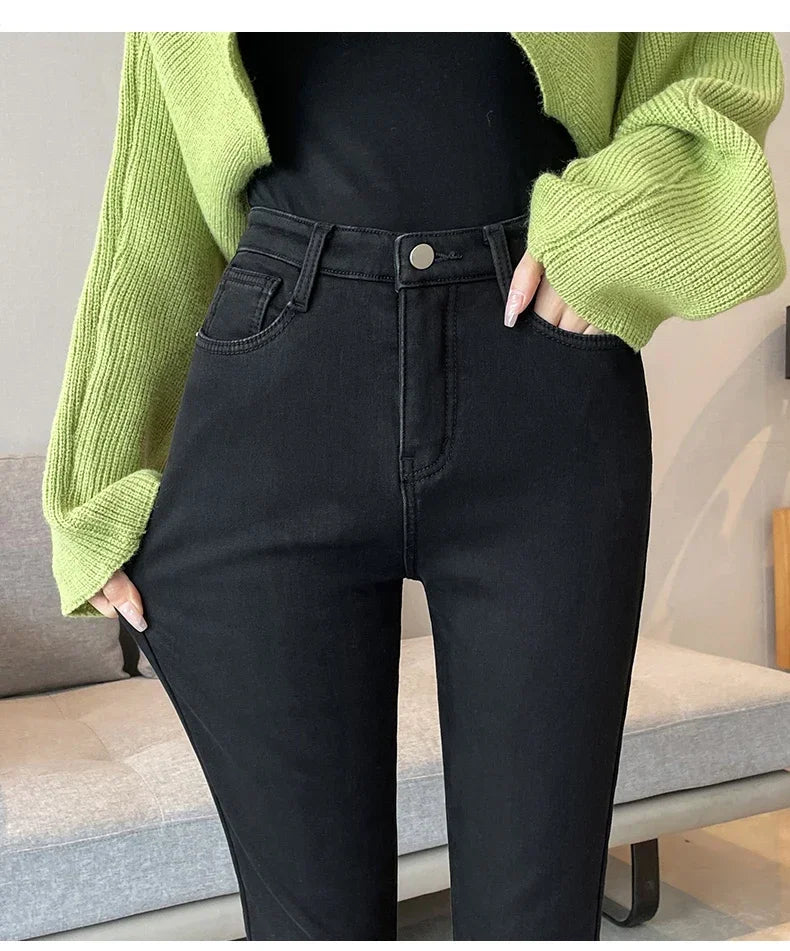 Skinny Women's Warm Jeans Winter Thicken Fleece Stretch High Waist Pencil Pants Fashion Korean Black Blue Gray Velvet