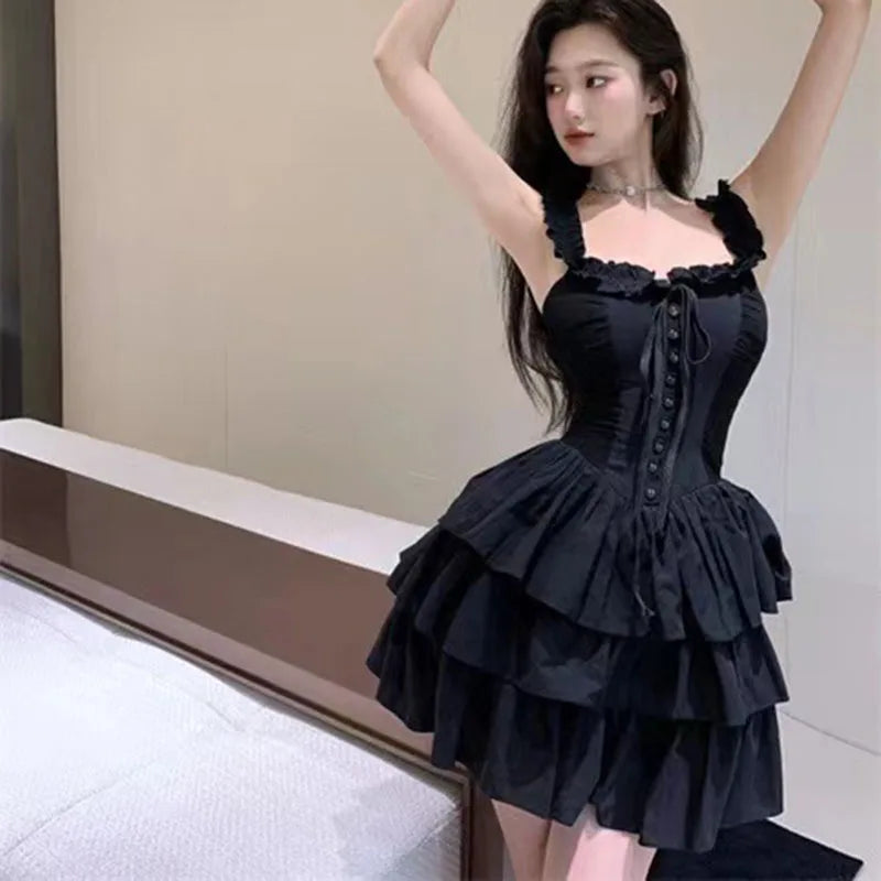 Gothic Black Sexy Slip Dress Y2K Harajuku Streetwear Punk Lace Up Cake Dress Female Summer Korean Fashion Party Ruffles Dresses - Seprincess