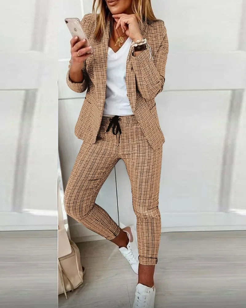 New Autumn Winter Plaid Printing Two Piece Sets Women Casual Notched Collar Blazer & Pants Set Outfits Fashion Elegant Suit Sets - Seprincess