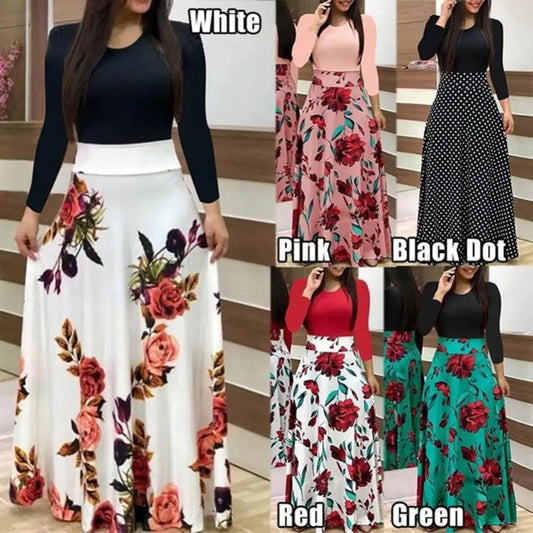 Women's Autumn Long Sleeve Round Neck Casual Flower Vintage Long Dress Elegant Women's Slim Fit Print Dresses S-5XL - Seprincess