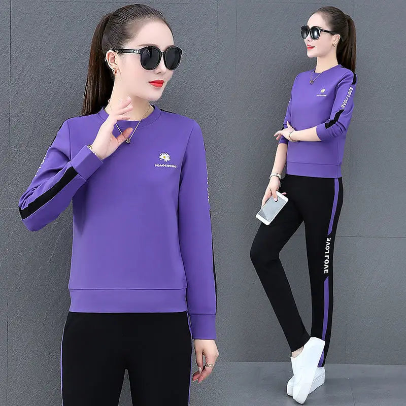 2022 Summer New Daisy Loose Pants Suit Women's Track Korean Version Splicing Long Sleeved Top and Trousers Two Piece Set - Seprincess