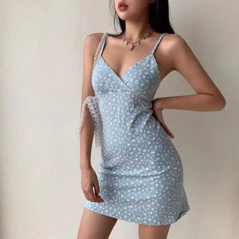 Y2K Vintage Floral Cross Cami Dress Women Slim Sleeveless V-Neck Summer Sexy Cute Backless Patry Black Mini Korean Dresses Woman - Seprincess