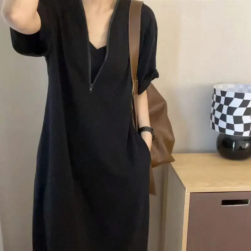 Summer Trendy Textured Oversized Black Casual Hooded Dresses for Women Streetwear Half Zipper Short Sleeve Beach Dress - Seprincess