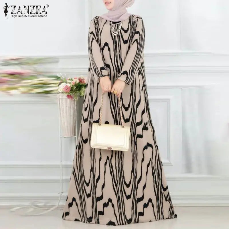 ZANZEA Muslim Women's Dress Elegant Printing Long Sleeve O-Neck Party Long Dresses Casual Islamic Turkey Abaya Hijab Kaftan Robe - Seprincess