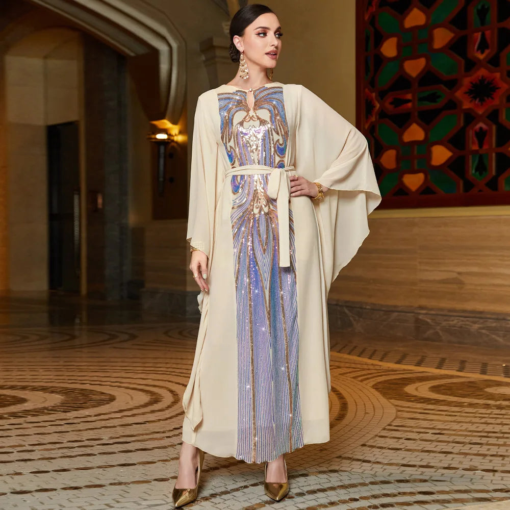 Multicolor Sequins Arabic Dress Chiffon Butterfly Sleeves Dubai Saudi Party Evening Gown Muslim Abaya Ramadan Eid Kaftan Islam - Seprincess