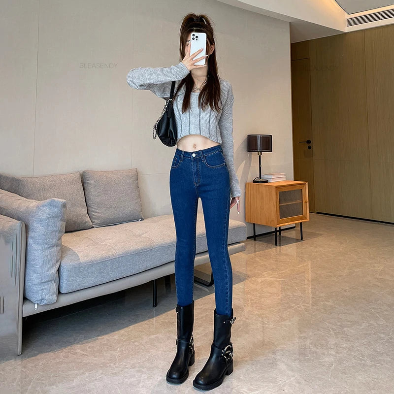 Skinny Jeans Women's Elastic High Waist Slim Fashion Korean Pencil Pants Spring New Leggings Black Gray Light Blue