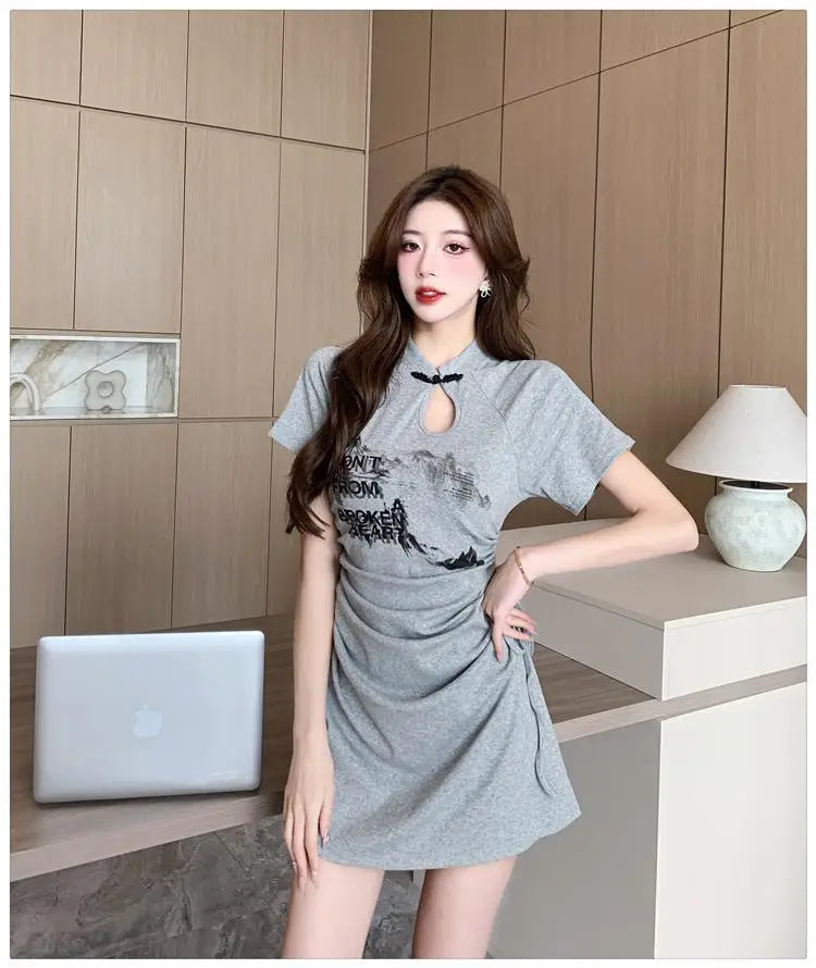 New 2024 Retro Daily Leisure Qipao Dress Chinese Style Printing Improved Cheongsam Fashionable Wrinkled Waist Design Thin Dress - Seprincess