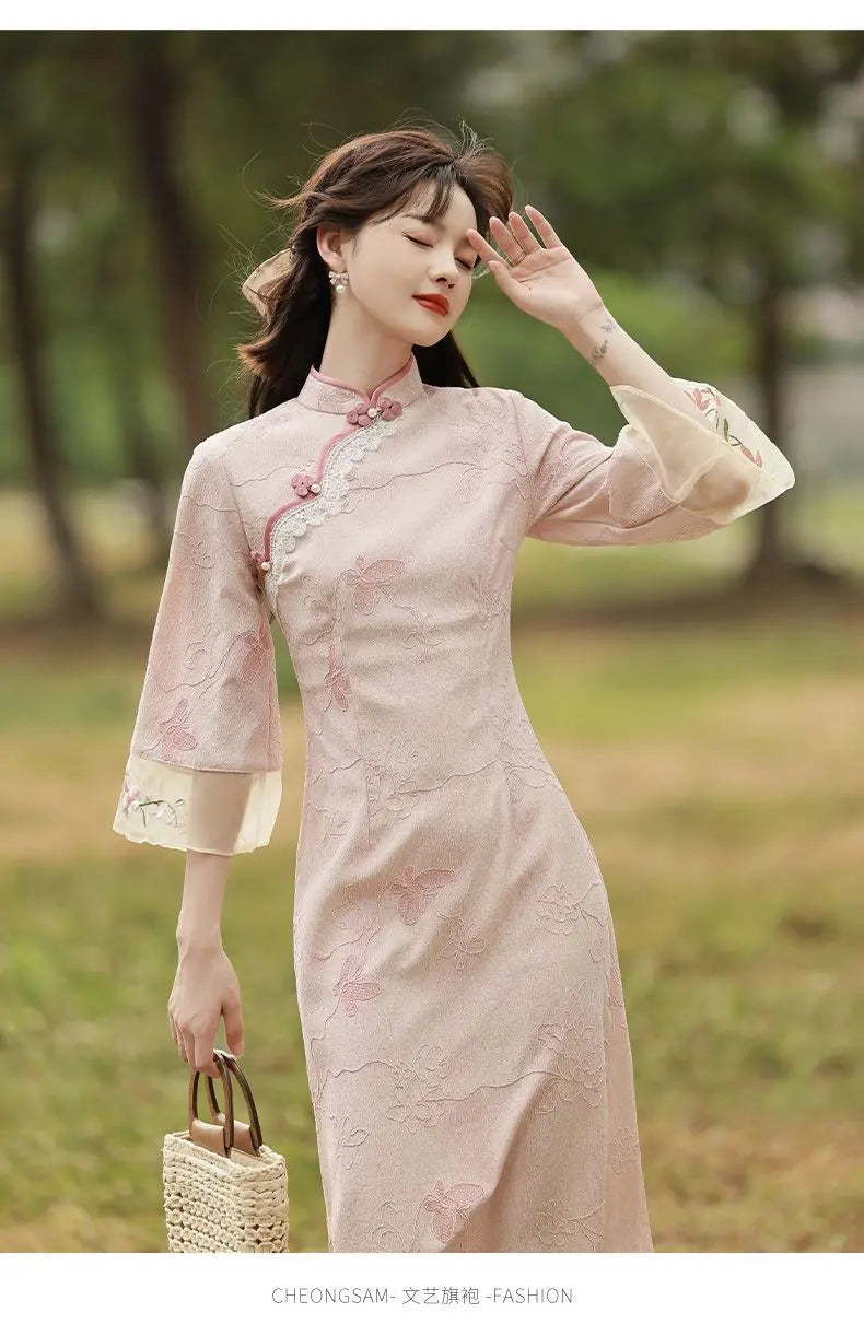 2023 New Pink Cheongsam Embroidery Lace Women Dress Vintage Long Improved Sleeve Chinese Traditional Qipao S To XXL - Seprincess