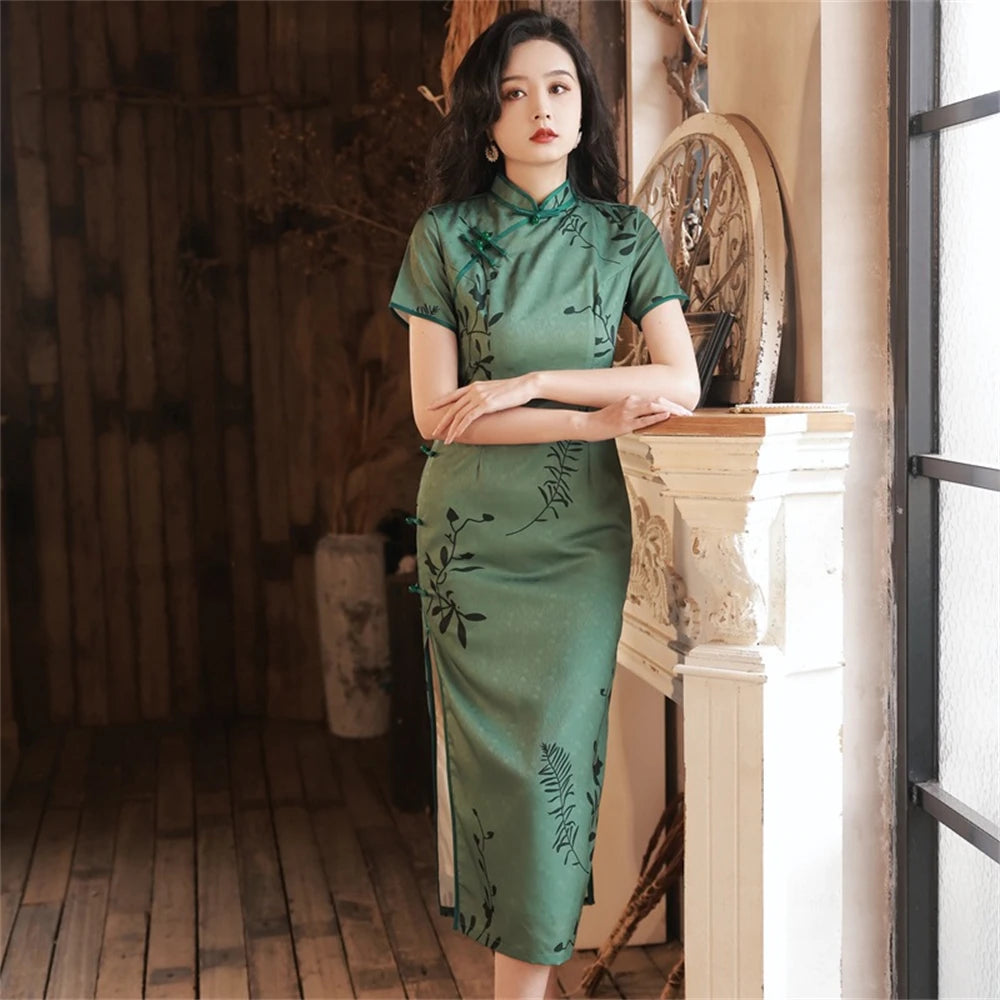 Long Chiffon Cheongsam Vintage Old Shanghai Green Printed Dress Summer Daily Elegant Chinese Traditional Banquet Qipao Chinoise - Seprincess