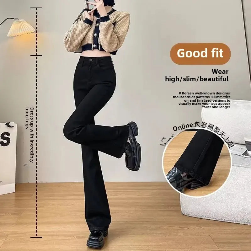 Autumn Winter Fleece-Lined High-Waisted Slimming Jeans For Women Petite Black Versatile Elastic Micro-Flared Cropped Pants