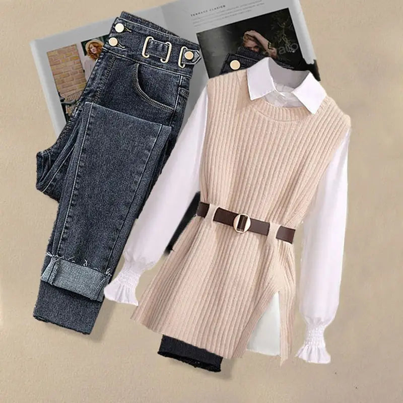 2024 Spring New Korean Elegant in Matching Set Women's Fashion Knitted Vest+Shirt+Jeans Three Piece Female Chic Denim Pants Suit - Seprincess