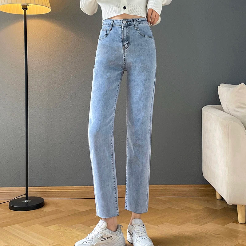 Rarely Hem Pants Spring High Waist Elastic Straight Barrel Jeans Women's Small Smoke Pipe