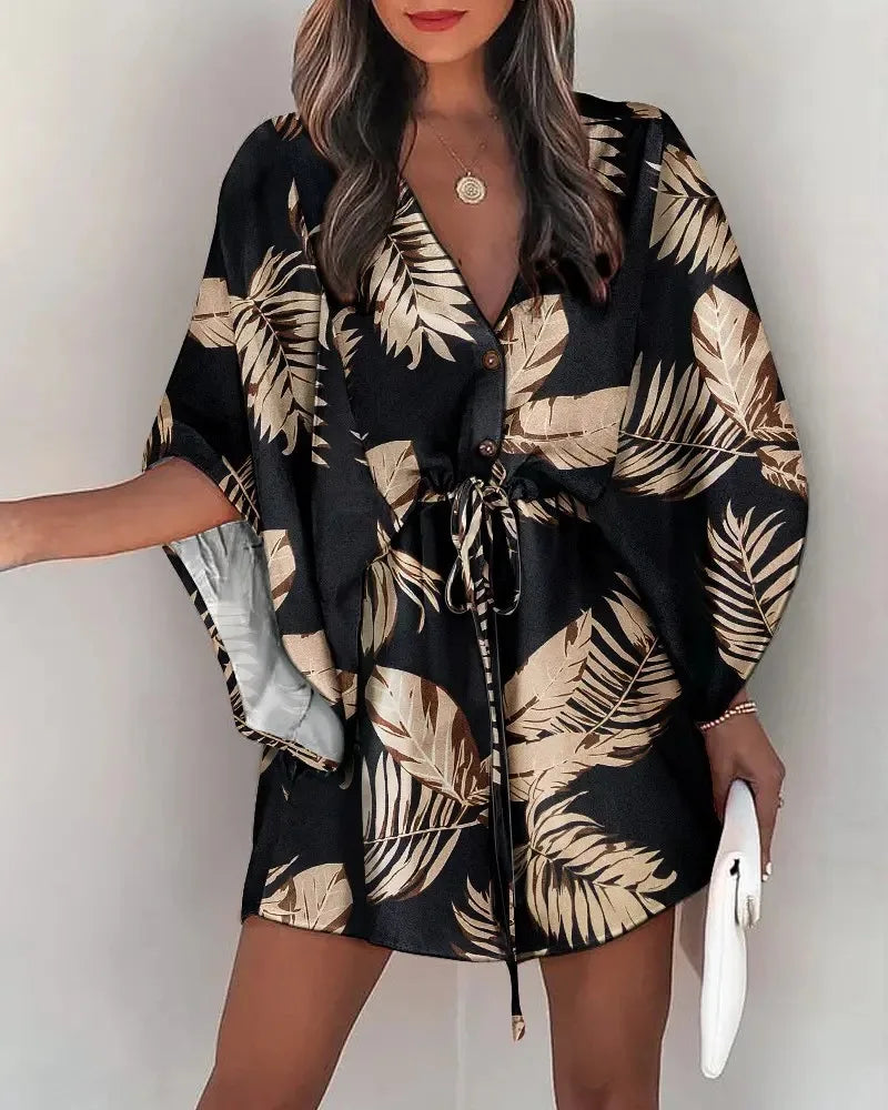 Summer Casual Dress Women Fashion Flying Sleeve V-neck Print Beach Party Dresses Elegant Lace Up Mini Dress Robe Femme 2023 New - Seprincess