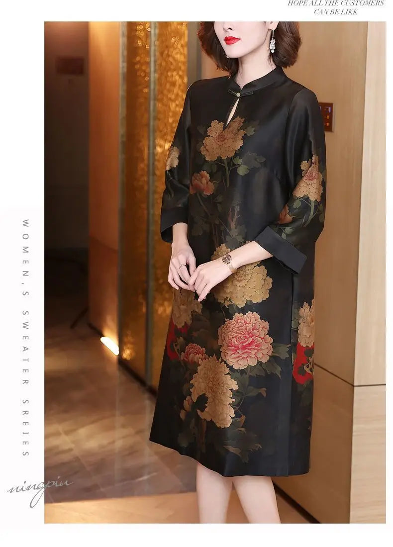 2024  chinese style disc buckle loose style printed cheongsam dress women spring stand collar retro daily long qipao skirt w300 - Seprincess