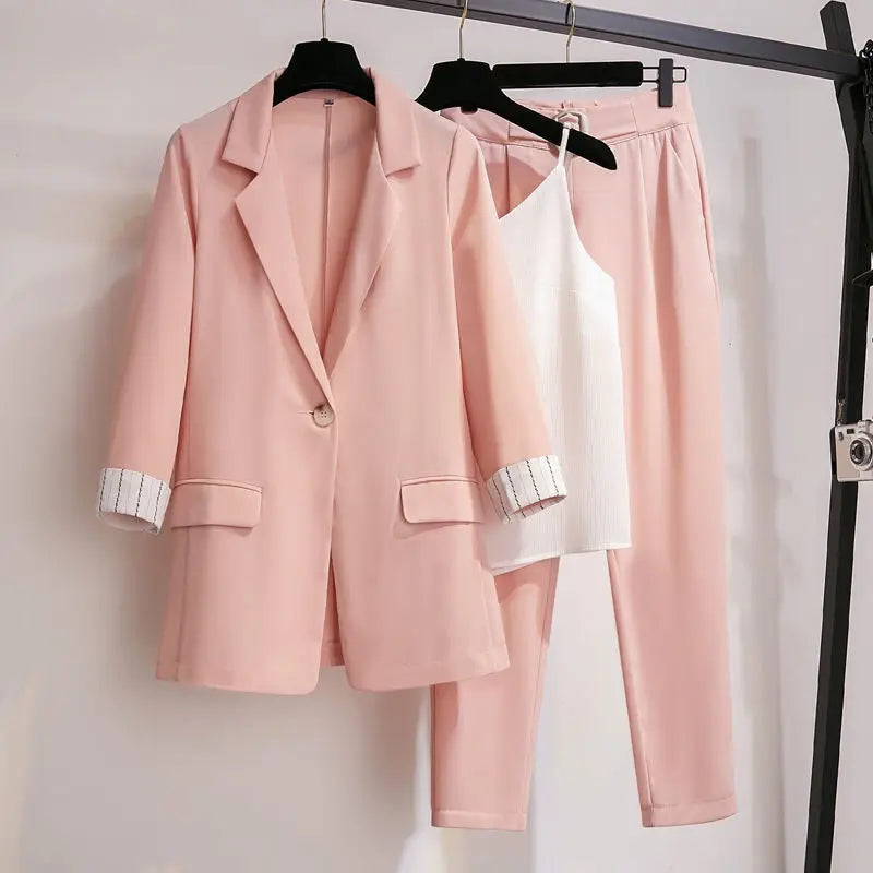 2023 spring new plus size Korean elegant women's suit female blazer leisure pants Tweed suit jacket three piece jacket pants set - Seprincess