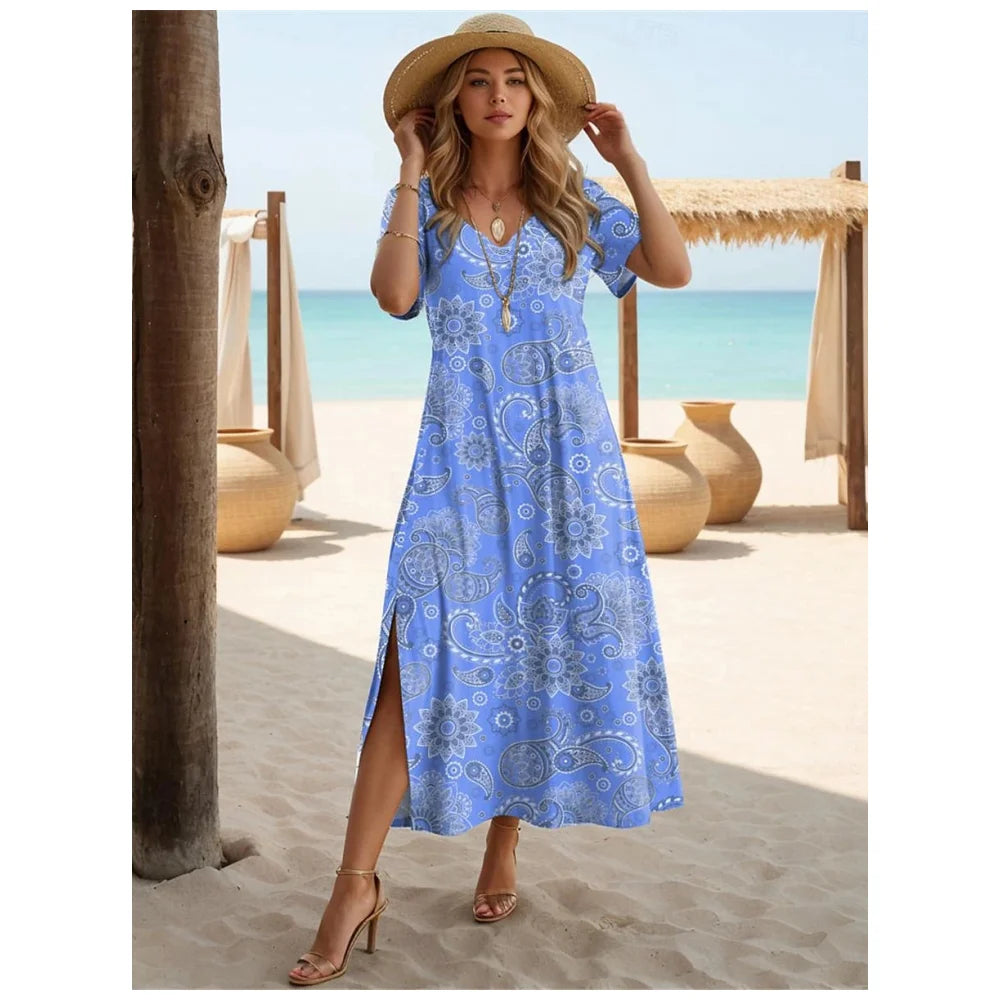 Women's Paisley Dress Casual Split V-Neck Long Dress Maxi Dress Ethnic Tribal Holiday Dresses Summer Short Sleeve Woman Clothing - Seprincess