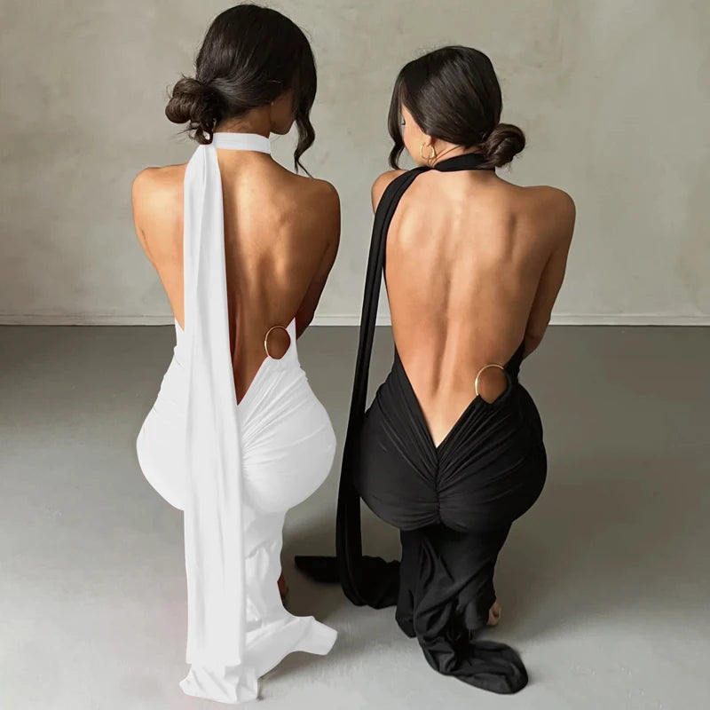 2023 One Shoulder Backless Adjustable Scarf Loop Ruched Sexy Maxi Dress Women Elegant Y2K Streetwear Festival Outfit