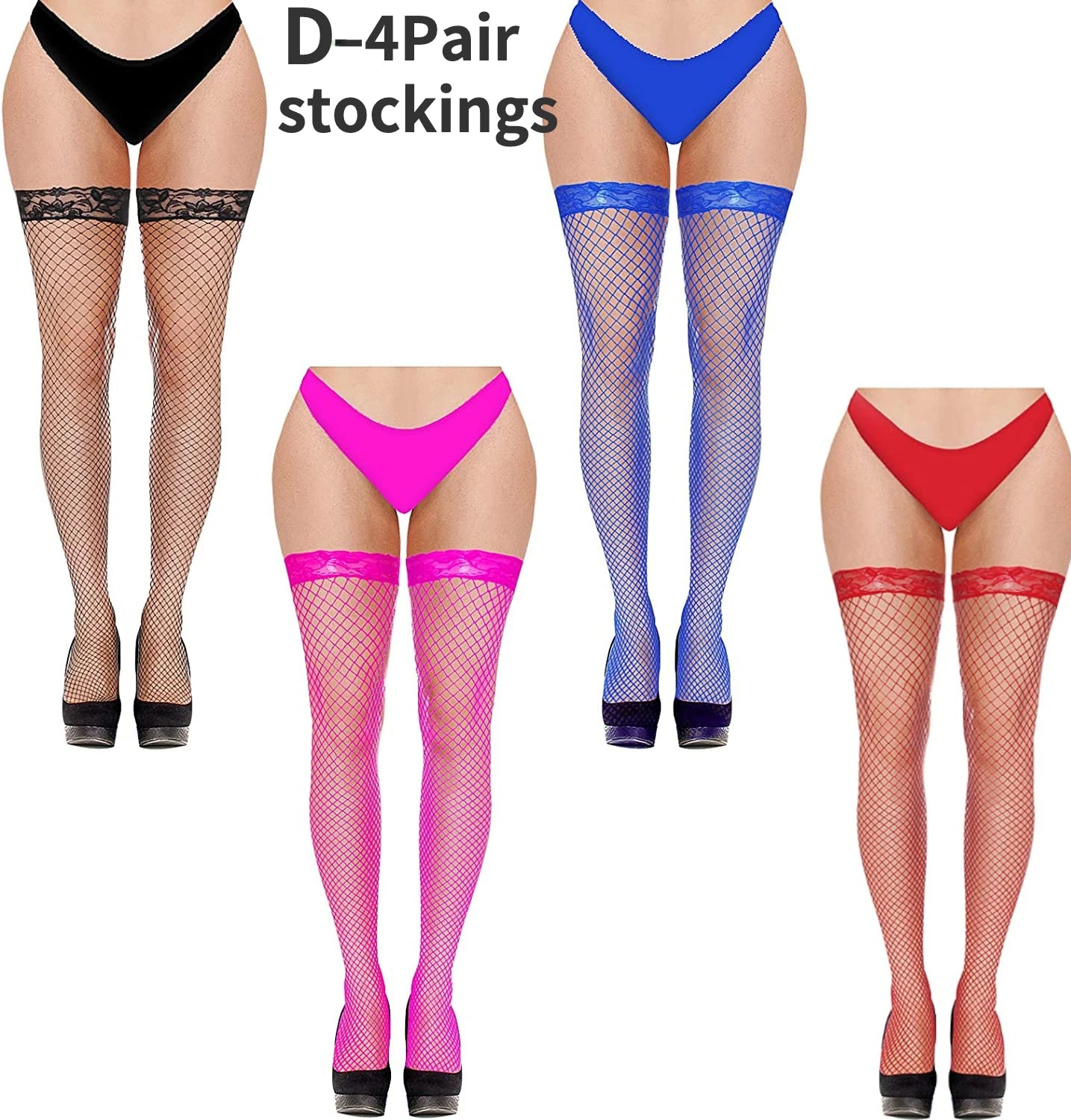 4 Pairs Women Stockings Fishnet Thigh High Top Over The Knee Stocking Sexy Women's Stockings with Lace Top Hosiery Club Wear