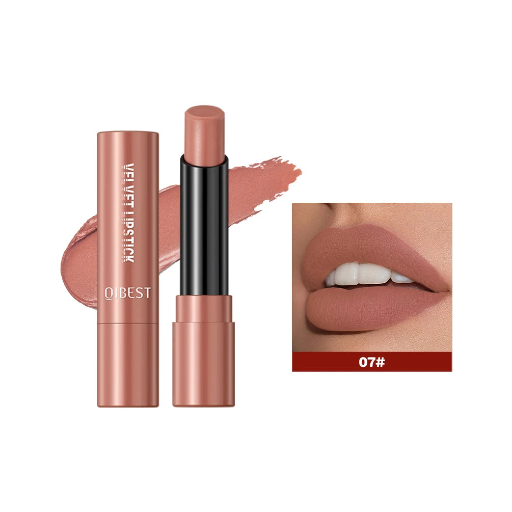 QIBEST Nude Lipstick Matte Lip Gloss High Pigment Makeup Classic Sexy Lipgloss Non-Stick Cup Long Lasting Red Lip Tint Cosmetics