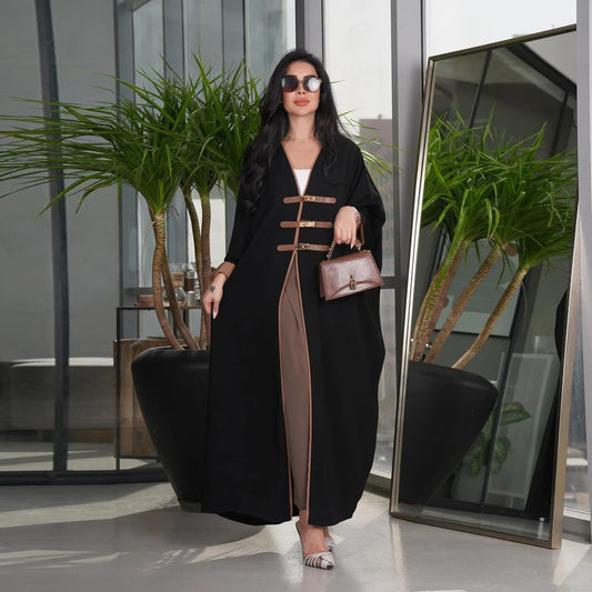 2024 New Dubai Fashion Modest Solid Open Kimono Abayas Leather Buckle Long Sleeve Contrast Color Robe Ramadan Muslim Women Robe - Seprincess