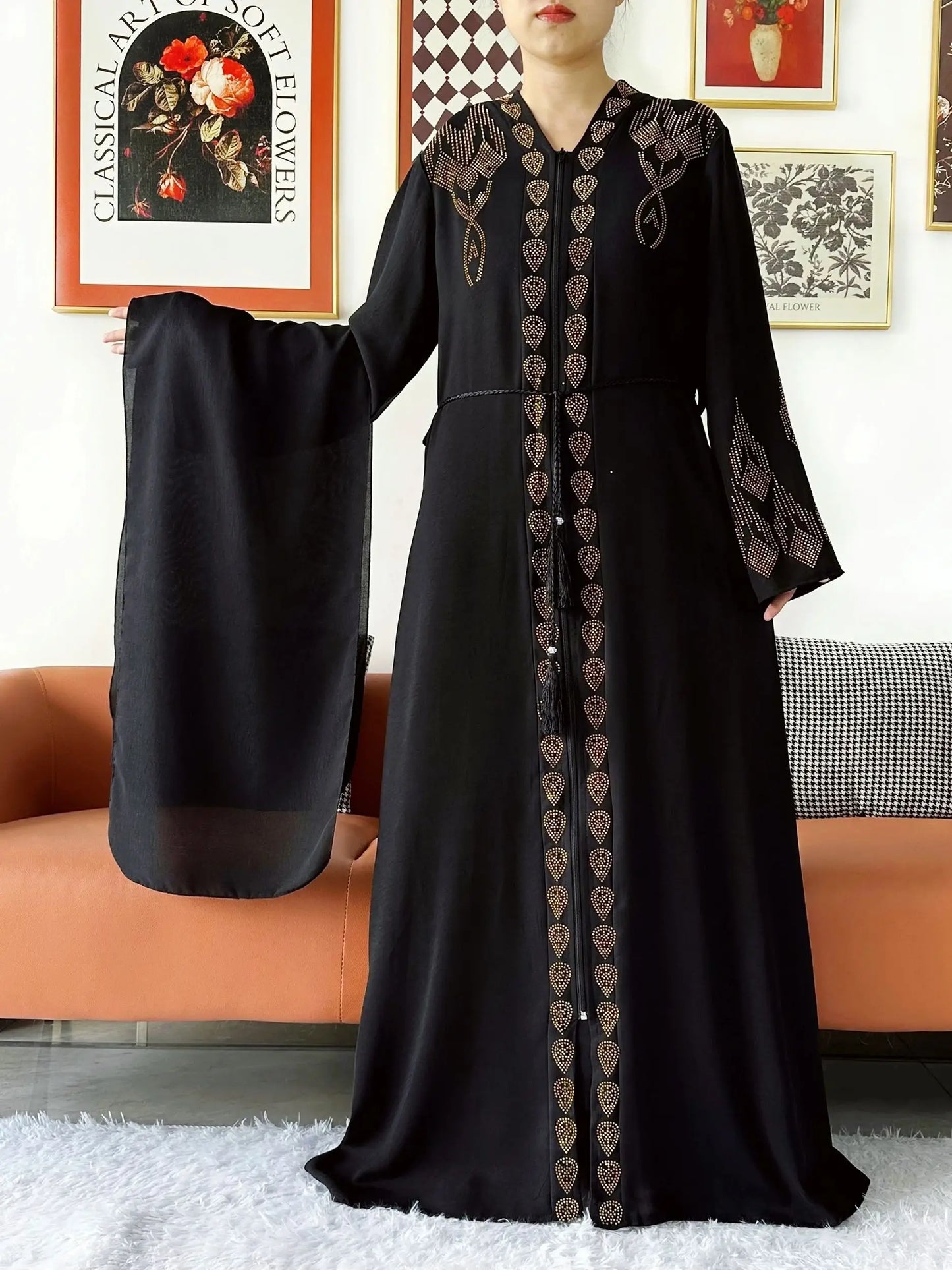 New Women Elegant Dress Chiffon Open Abaya with Zipper Muslim Women Dress Islamic Clothing Cardigan Abaya Women Muslim Dress - Seprincess