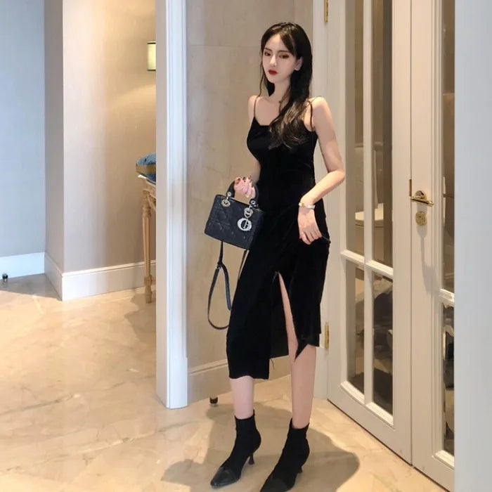 New 2022 Vintage Women Dress Spaghetti Strap Slit Velvet Black Dress Sexy Bodycon Bandage Dress Midi Party Dress Verano Vestidos - Seprincess