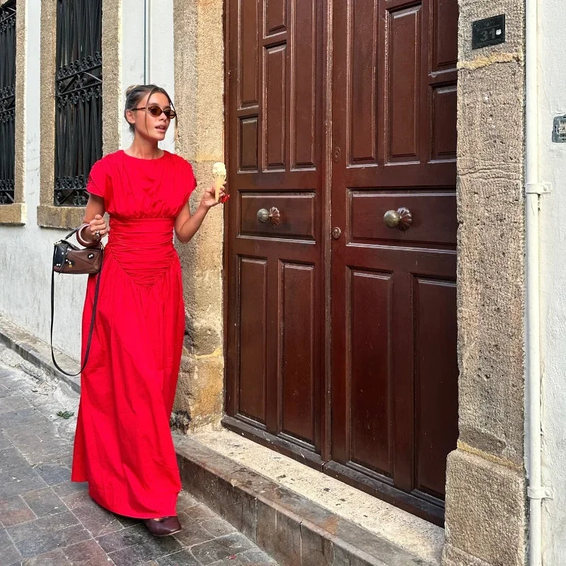 Women Red Irregular Pleated Wrap Waisted Maxi Dress Elegant O Neck Sleeveless Slim Long Dresses Chic Lady Party Street Robes - Seprincess