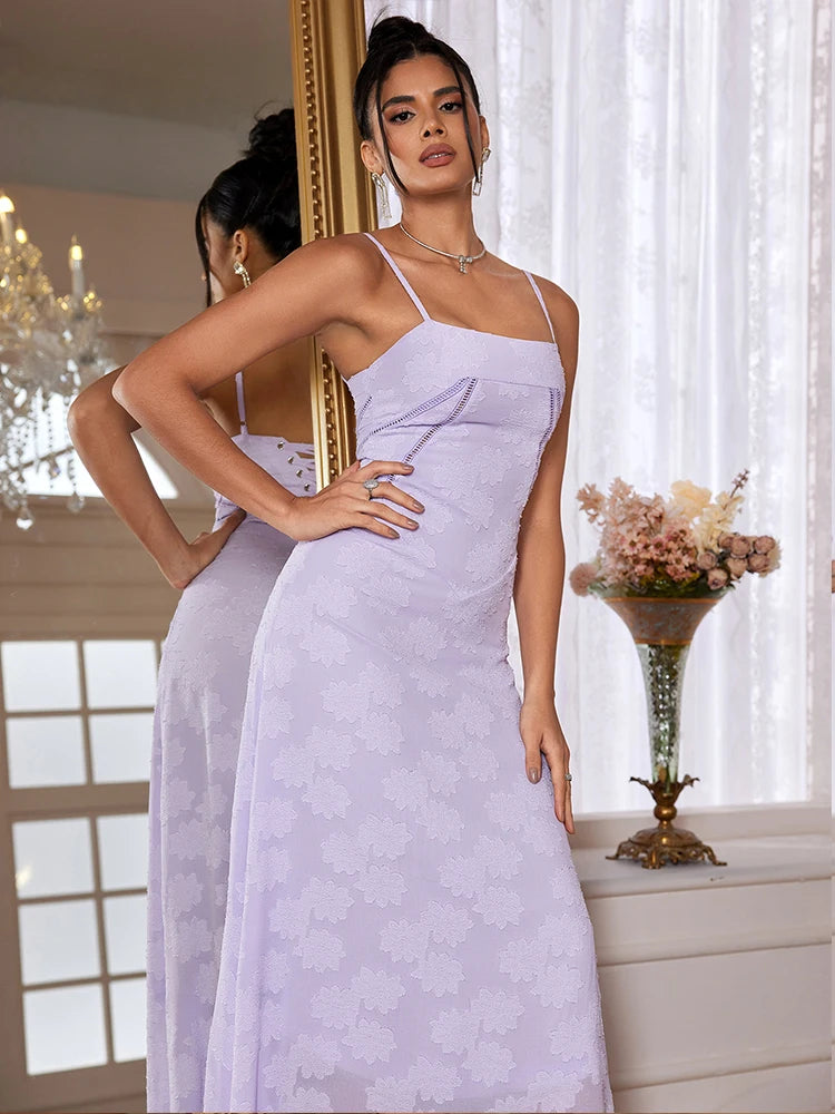 Suninheart New Summer Elegant Maxi Dress 2024 New Arrival Purple Spaghetti Strap Wedding Guest Dress Lace Up Party Dresses - Seprincess