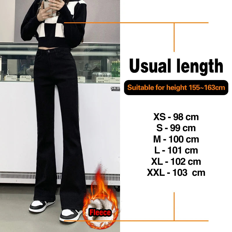 Winter Warm Women's Jeans Fashion Slim Thicken Fleece Flared Pants High Waist Elastic Skinny Velvet Plus Length Female Jeans