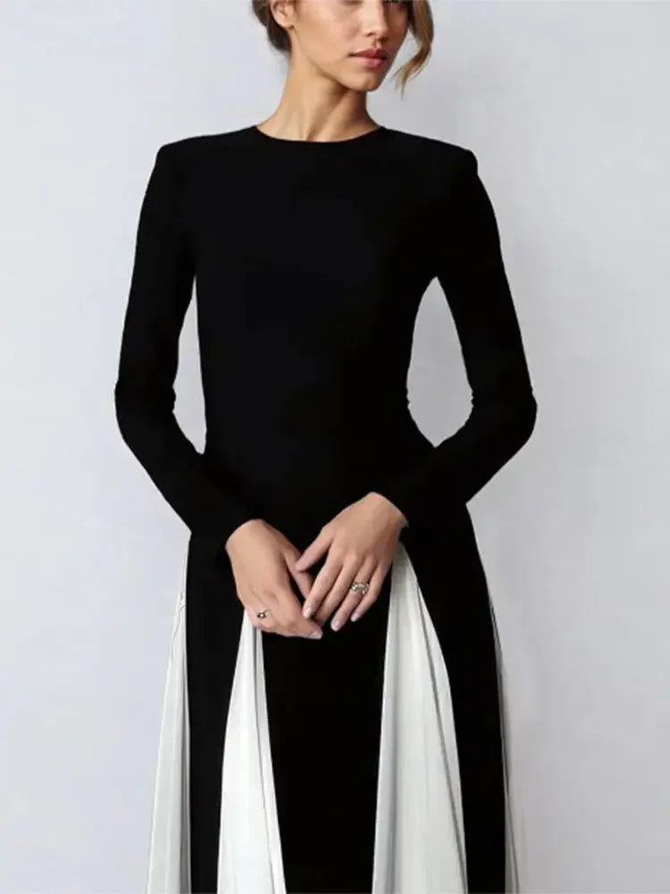 Elegant Black White Patchwork Maxi Dresses Women Fashion O-neck Long Sleeves Slim Dress New Female Evening Party Robes - Seprincess