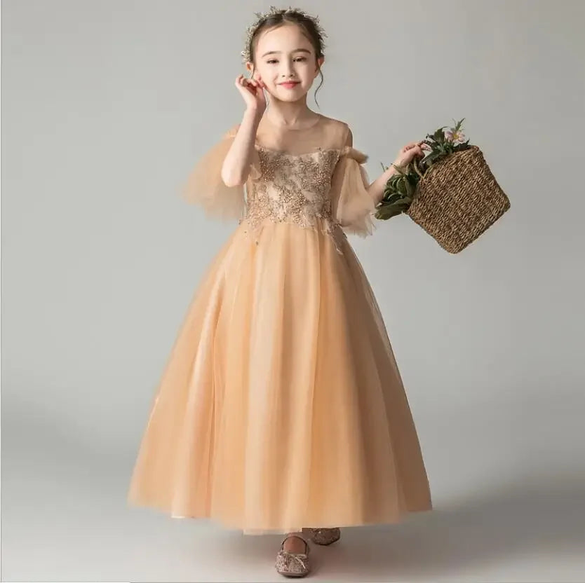 Golden Sequin Flower Girl Dress Off Shoulder Children Wedding Bridemaid Dress Long Gowns Girl Boutique Party Wear Elegant Frocks - Seprincess