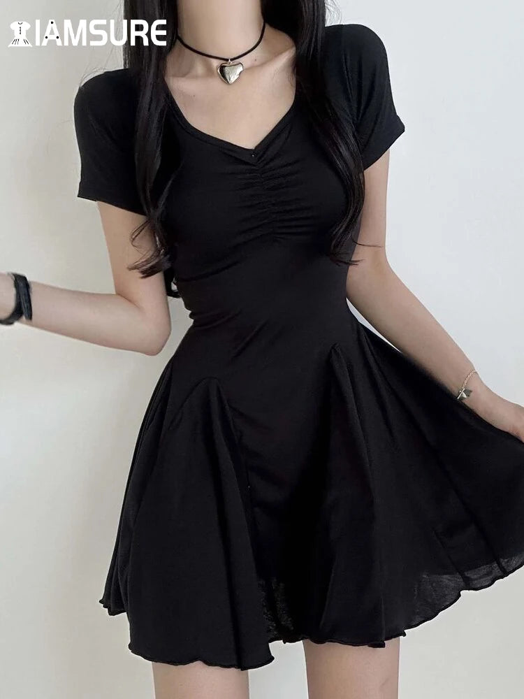 IAMSURE Casual Basic Solid Folds A-Line Dress Korean Style V-Neck Short Sleeve Mini Dresses For Women 2023 Summer Fashion Lady - Seprincess