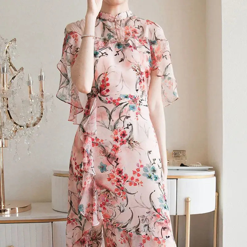 Chinese Qipao Chic and Elegant Lace short sleeve A-line Dress Retro Improved flower printing Women daily Cheongsam Dress - Seprincess