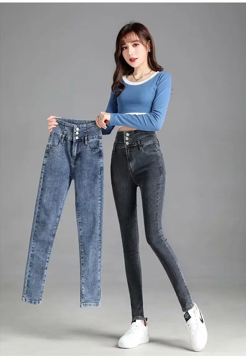 Thickened High-waisted Fleece-lined Jeans Women's Black Grey Slimming Winter 2021 New Style Tightening Integrated Velvet Pants