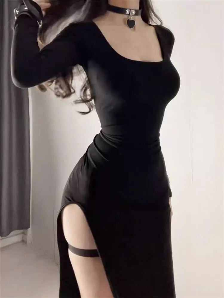 Sexy Side Slit Dress for Women Tight-fitting Wrap Hip Over-the-knee Long Sleeved Dresses Black Street Bodycon Spring Autumn - Seprincess