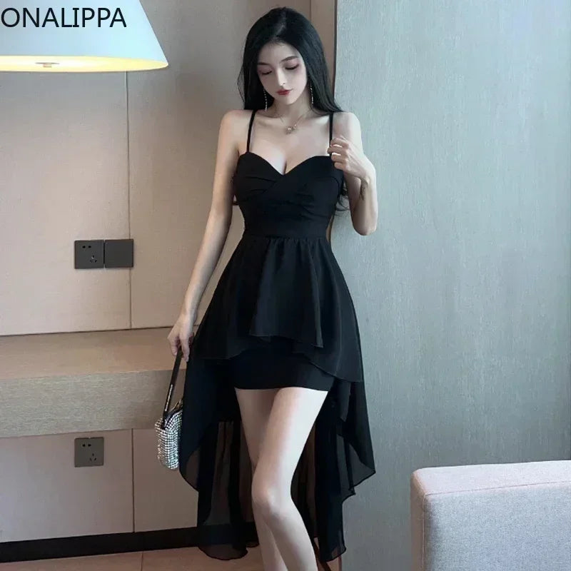 Onalippa Sexy Low-cut Strap Dress Early Spring New Temperament Feminine Irregular Waist Thin Solid Color Big Dresses Female - Seprincess