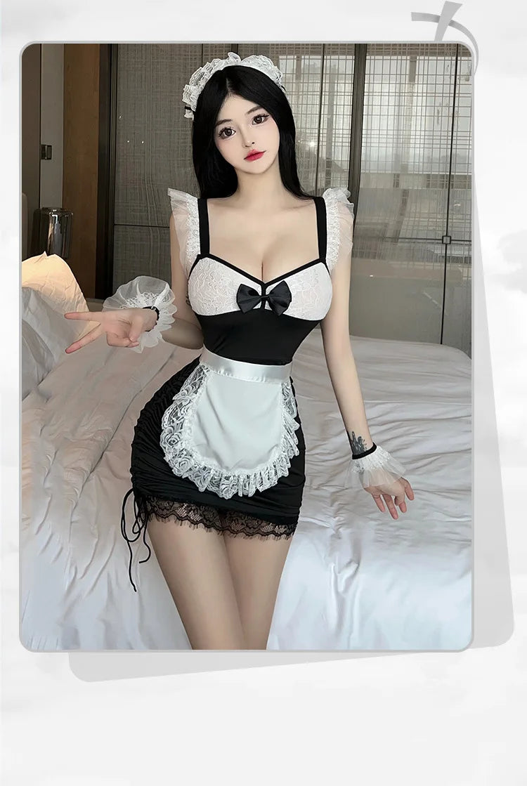 Erotic lingerie Lace deep v revealing breasts tight fitting maid uniform tempting sexy tоy body sexy. items lolita sex cosplay - Seprincess