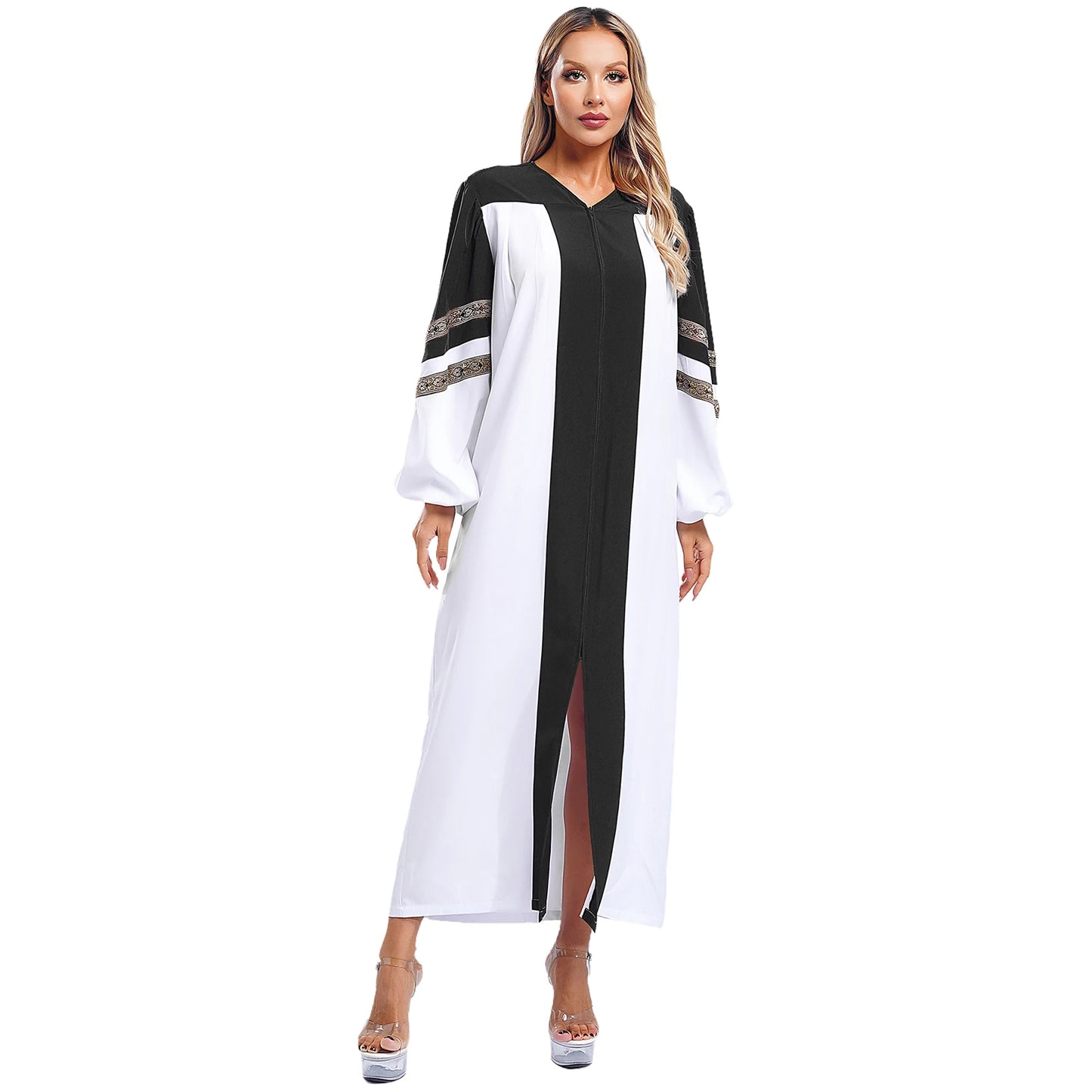 Womens Mens Church Choir Robe Halloween Cosplay Theme Party Costume V-Neck Embroidered Stripes Long Sleeve Zipper Clergy Gown - Seprincess