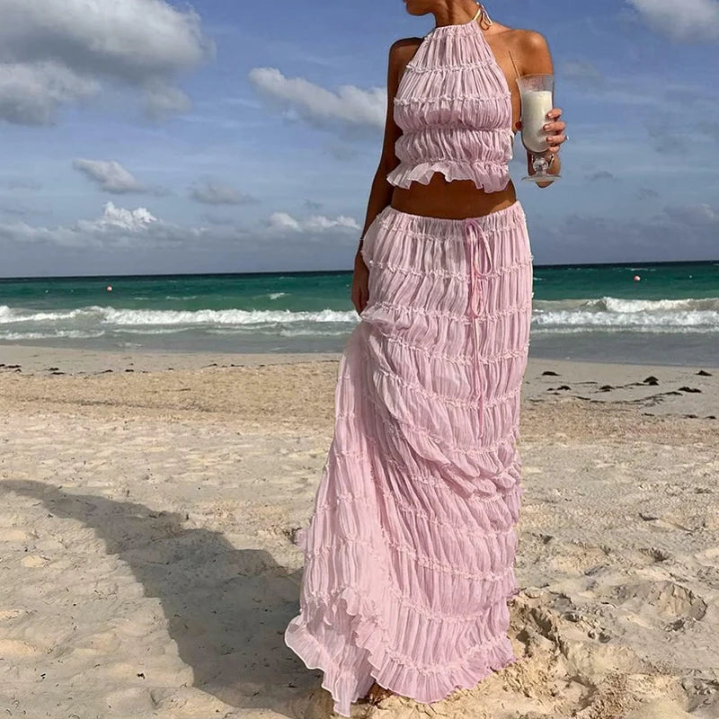 Women Boho Sexy Backless Matching Suit 2 Piece Beach Holiday Outfits Vintage Ruched Halter Cami Tops + Maxi Long Skirt Party - Seprincess