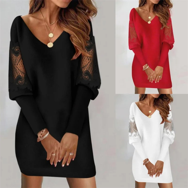 2024 Fashion Sexy V-Neck Mini Dress Vestidos Elegant Women's Autumn Winter Casual Loose Lace Long Sleeve Office Lady Dress Robe - Seprincess