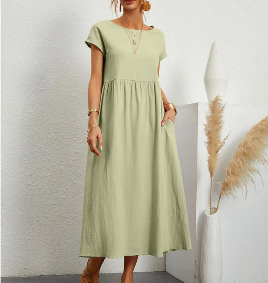 Women's Elegant Solid Color Dress Summer Short Sleeve O-Neck Vintage Harajuku Cotton Linen Comfortable Loose Pocket Long Dress - Seprincess