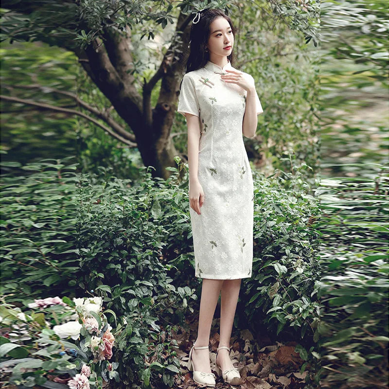 Summer Cheongsam New Young Girl Chinese Style Qipao Retro Dress Medium Long White Sweet Daily Party Dress - Seprincess