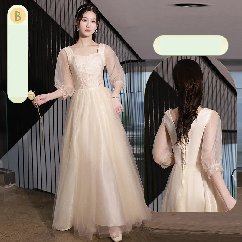 Champagne Bridesmaid Dress Women's Sweet Tulle Embroidery New Temperament Sisters Evening Dresses A-Line Wedding Party Gown - Seprincess