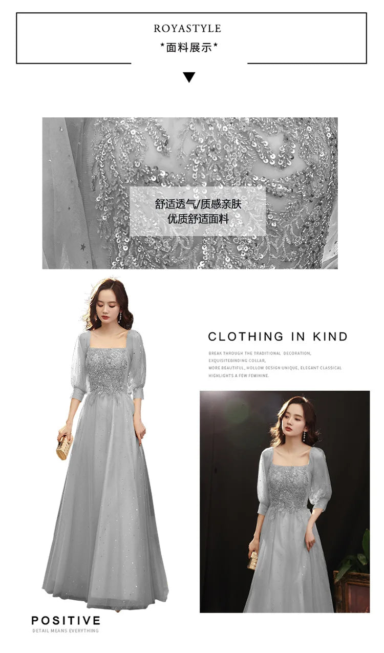 Grey Shining long lady girl women princess banquet party ballbridesmaid performance prom dress performance gown - Seprincess